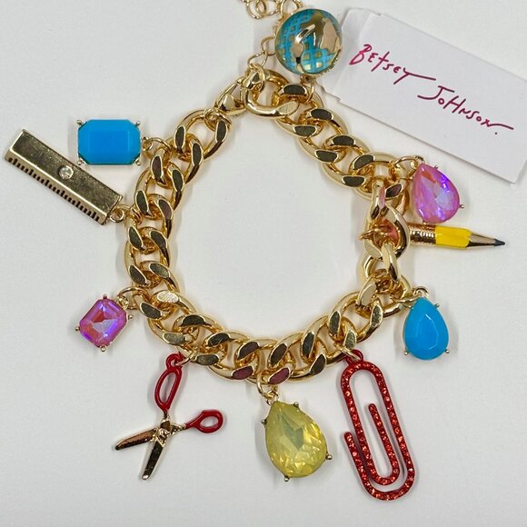 NWT Betsey Johnson School Charm Bracelet Gold Teacher Jewelry Ruler Pencil Globe - Picture 4 of 5